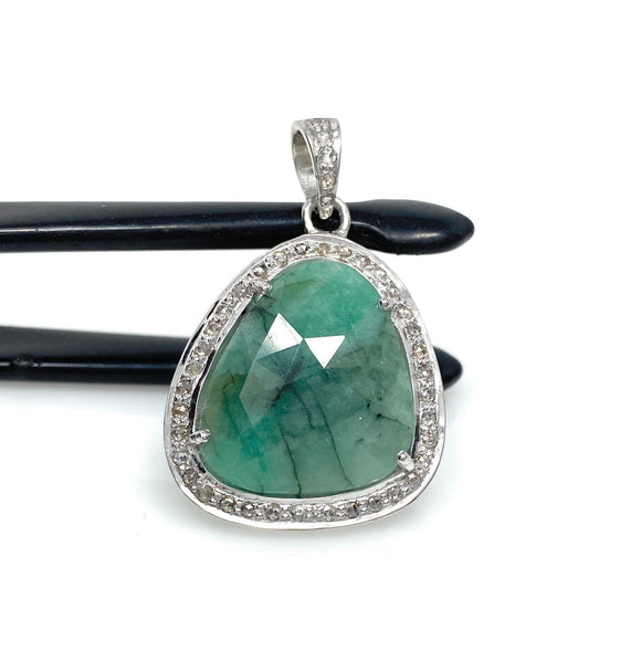 Emerald Diamond Pendant, Natural Emerald Sterling Silver Pendant, May Birthstone Pendant, Pave Diamond Pendant, 1.35” x 0.85”