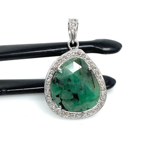 Emerald Diamond Pendant, Natural Emerald Sterling Silver Pendant, May Birthstone Pendant, Pave Diamond Pendant, 1.20” x 0.80”