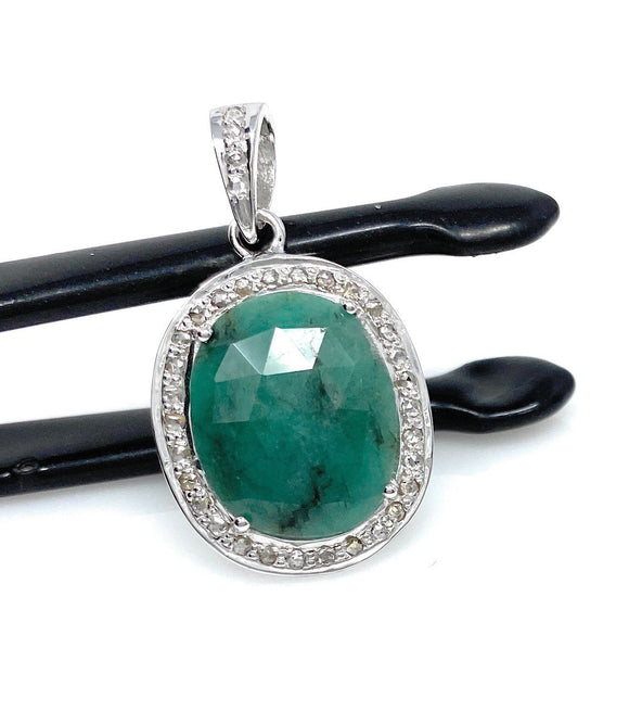 Emerald Diamond Pendant, Natural Emerald Sterling Silver Pendant, May Birthstone Pendant, Pave Diamond Pendant, 1.25” x 0.70”