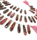 Natural Rhodonite Gemstone Beads, Rhodonite Faceted Pear Briolette Beads, 24mm - 37.5mm , 8” Str/ 12 -13 Pcs