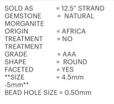 Morganite Beads, Gemstone Beads, Jewelry Supplies for Jewelry Making, Natural Morganite, 4.5-5mm , 12.5" Strand AAA Quality