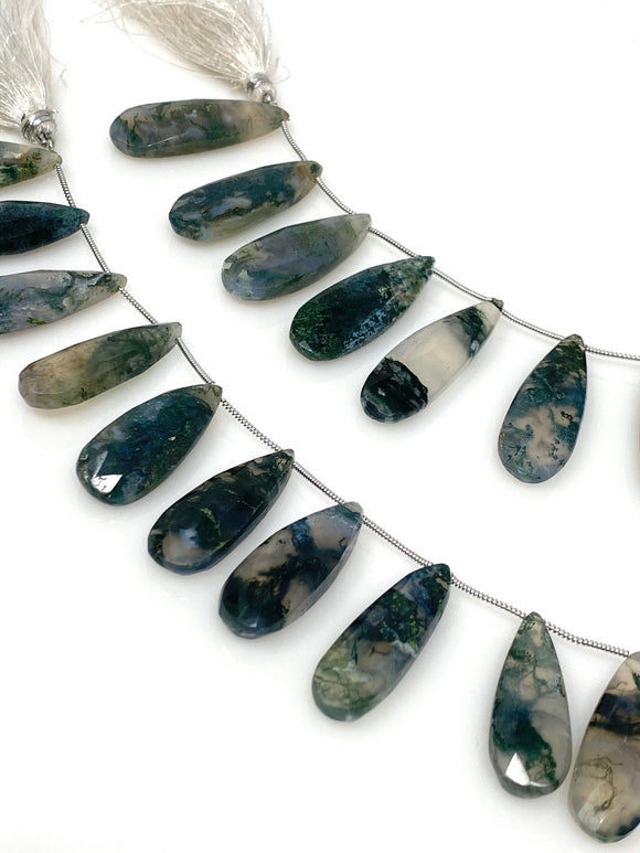 Natural Green Moss Agate Gemstone Beads, Moss Agate Faceted Pear Briolette Beads, Wholesale Beads, 24mm - 37mm, 7.75” Strand/ 13-14Pcs