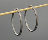 55mm Diamond Hoop Earrings, Oxidized Sterling Silver Pave Diamond Earrings, Silver Hoop Earrings