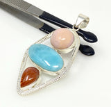 Gemstone Pendant - Larimar, Sunstone and Pink Opal, Wire Wrapped Pendant, Silver Jewelry Gifts for Her, Bohemian Jewelry
