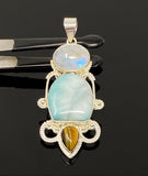Gemstone Pendant - Larimar, Tigers Eye and Blue Flash Moonstone Pendant, Wire Wrapped Pendant Silver Jewelry Gifts for Her, Bohemian Jewelry