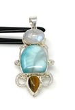 Gemstone Pendant - Larimar, Tigers Eye and Blue Flash Moonstone Pendant, Wire Wrapped Pendant Silver Jewelry Gifts for Her, Bohemian Jewelry