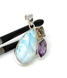 Sterling Silver Larimar Pendant with Golden Rutile and Amethyst, Gemstone Pendant, Bohemian Jewelry