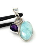 Sterling Silver Larimar Pendant with Golden Rutile and Amethyst, Gemstone Pendant, Bohemian Jewelry