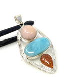 Gemstone Pendant - Larimar, Sunstone and Pink Opal, Wire Wrapped Pendant, Silver Jewelry Gifts for Her, Bohemian Jewelry