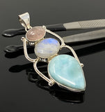 Larimar Gemstone Pendant with Morganite and Moonstone , Wire Wrapped Pendant, Silver Jewelry Gifts for Her, Bohemian Jewelry