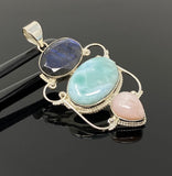 Gemstone Pendant - Larimar, Pink Opal and Labradorite , Wire Wrapped Pendant, Silver Jewelry Gifts for Her, Bohemian Jewelry
