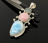 Gemstone Pendant - Larimar, Aquamarine and Pink Opal, Wire Wrapped Pendant, Silver Jewelry Gifts for Her, Bohemian Jewelry