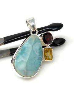 Natural Larimar with Garnet and Citrine Gemstone Pendant, Sterling Silver Jewelry, Larimar Pendant, Citrine Pendant, Bohemian Jewelry