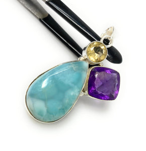 Gemstone Pendant - Larimar, Yellow Topaz and Amethyst, Bohemian Jewelry, Larimar Pendant, Sterling Silver Jewelry