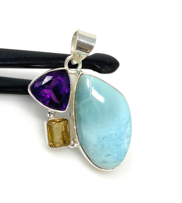 Natural Larimar with Amethyst and Citrine Gemstone Pendant, Sterling Silver Jewelry, Larimar Pendant, Amethyst Pendant, Bohemian Jewelry