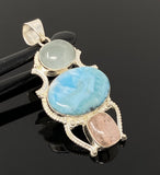 Gemstone Pendant - Larimar, Aquamarine and Morganite , Wire Wrapped Pendant, Silver Jewelry Gifts for Her, Bohemian Jewelry