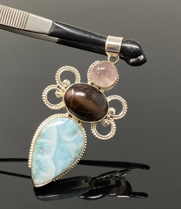 Gemstone Pendant - Larimar, Cats Eye and Morganite, Wire Wrapped Pendant, Silver Jewelry Gifts for Her, Bohemian Jewelry
