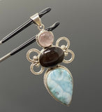 Gemstone Pendant - Larimar, Cats Eye and Morganite, Wire Wrapped Pendant, Silver Jewelry Gifts for Her, Bohemian Jewelry