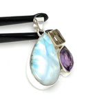 Sterling Silver Larimar Pendant with Golden Rutile and Amethyst, Gemstone Pendant, Bohemian Jewelry