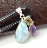 Sterling Silver Larimar Pendant with Golden Rutile and Amethyst, Gemstone Pendant, Bohemian Jewelry