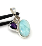 Sterling Silver Larimar Pendant with Golden Rutile and Amethyst, Gemstone Pendant, Bohemian Jewelry