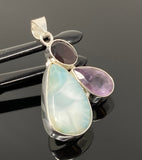 Natural Larimar with Amethyst and Garnet Gemstone Pendant, Sterling Silver Jewelry, Larimar Pendant, Amethyst Pendant, Bohemian Jewelry
