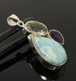 Natural Gemstone Pendant - Larimar, Amethyst and Prasiolite, Sterling Silver Jewelry, Bohemian Jewelry