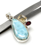 Natural Larimar with Garnet and Golden Rutile Gemstone Pendant, Sterling Silver Jewelry, Larimar Pendant, Bohemian Jewelry