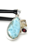 Natural Larimar with Garnet and Golden Rutile Gemstone Pendant, Sterling Silver Jewelry, Larimar Pendant, Bohemian Jewelry