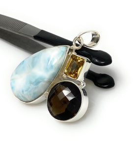 Gemstone Pendant - Larimar, Smokey Quartz and Citrine, Bohemian Jewelry, Larimar Pendant, Sterling Silver Jewelry