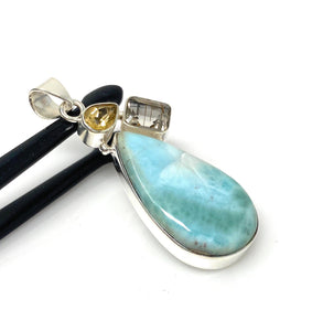 Gemstone Pendant - Larimar, Citrine and Golden Rutile, Bohemian Jewelry, Larimar Pendant, Sterling Silver Jewelry