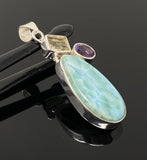 Sterling Silver Larimar Pendant with Golden Rutile and Amethyst, Gemstone Pendant, Bohemian Jewelry