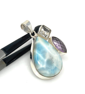 Sterling Silver Larimar Pendant with Golden Rutile and Amethyst, Gemstone Pendant, Bohemian Jewelry