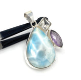 Sterling Silver Larimar Pendant with Golden Rutile and Amethyst, Gemstone Pendant, Bohemian Jewelry