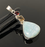 Natural Larimar with Garnet and Golden Rutile Gemstone Pendant, Sterling Silver Jewelry, Larimar Pendant, Bohemian Jewelry