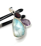 Natural Larimar with Amethyst and Garnet Gemstone Pendant, Sterling Silver Jewelry, Larimar Pendant, Amethyst Pendant, Bohemian Jewelry