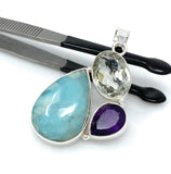 Natural Gemstone Pendant - Larimar, Amethyst and Prasiolite, Sterling Silver Jewelry, Bohemian Jewelry