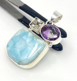 Sterling Silver Larimar Pendant with Rutilated Quartz and Amethyst, Gemstone Pendant, Bohemian Jewelry