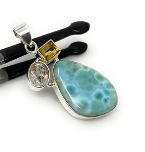 Gemstone Pendant - Larimar, Citrine and Golden Rutile, Bohemian Jewelry, Larimar Pendant, Sterling Silver Jewelry