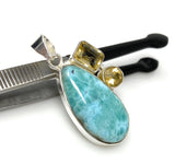 Natural Larimar and Citrine Gemstone Pendant, Sterling Silver Jewelry, Larimar Pendant, Citrine Pendant, Bohemian Jewelry
