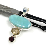 Natural Larimar with Garnet and Yellow Rutile Gemstone Pendant, Sterling Silver Jewelry, Larimar Pendant, Bohemian Jewelry