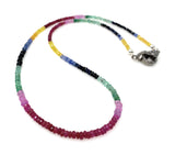 17.85" Genuine Ruby Emerald and Sapphire Necklace with Pave Diamond Clasp, Natural Multi Precious Bead Necklace