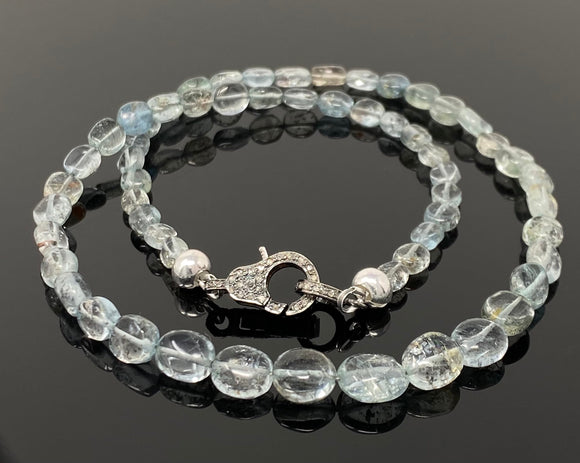 17.5” Moss Aquamarine Necklace with Pave Diamond Clasp, Aquamarine Necklace, Gifts for Her