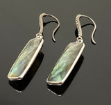 Natural Labradorite Bar Earrings, Pave Diamond Earrings, Sterling Silver Gemstone Earrings, Gifts for Her