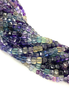 Natural Multi Fluorite Gemstone Beads, Jewelry Supplies, Wholesale Bulk Beads, 3D Cube Box Beads, 8” Strand