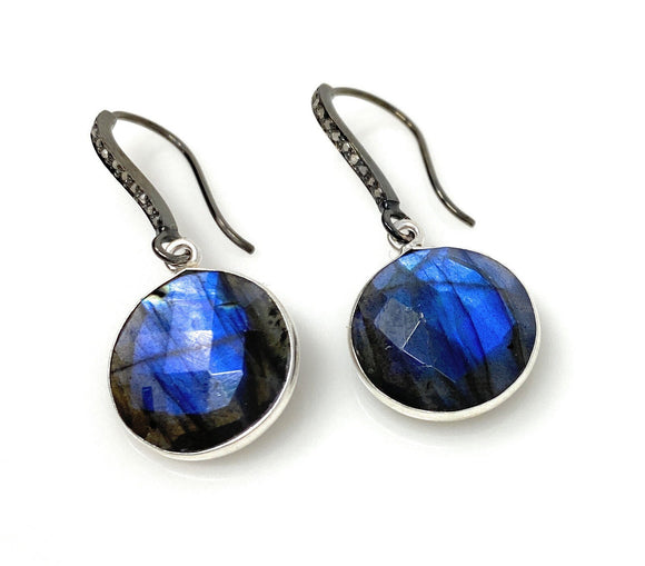 Natural Labradorite Earrings, Pave Diamond Earrings, Sterling Silver Gemstone Earrings, Gifts for Her