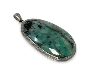 Rare Emerald Diamond Pendant, Natural Emerald Sterling Silver Pendant, May Birthstone Pendant, Large Diamond Pendant, 2.5”x 1.30”
