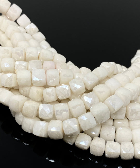 White Moonstone Silverite Beads, Shimmer Coated 3D Cube Beads, Gemstone Beads, Jewelry Supplies, Wholesale Bulk Beads, 7mm - 8mm, 8” Strand