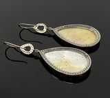 Mother of Pearl Pave Diamond Earrings, Natural Gemstone Nacre Earrings, Sterling Silver Jewelry Gifts for Her, 2.5”x1”