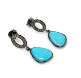 Natural Sleeping Beauty Turquoise Earrings, Pave Diamond Earrings, Victorian Gemstone Earrings, Robin Egg Turquoise, 1.15” x 0.50”